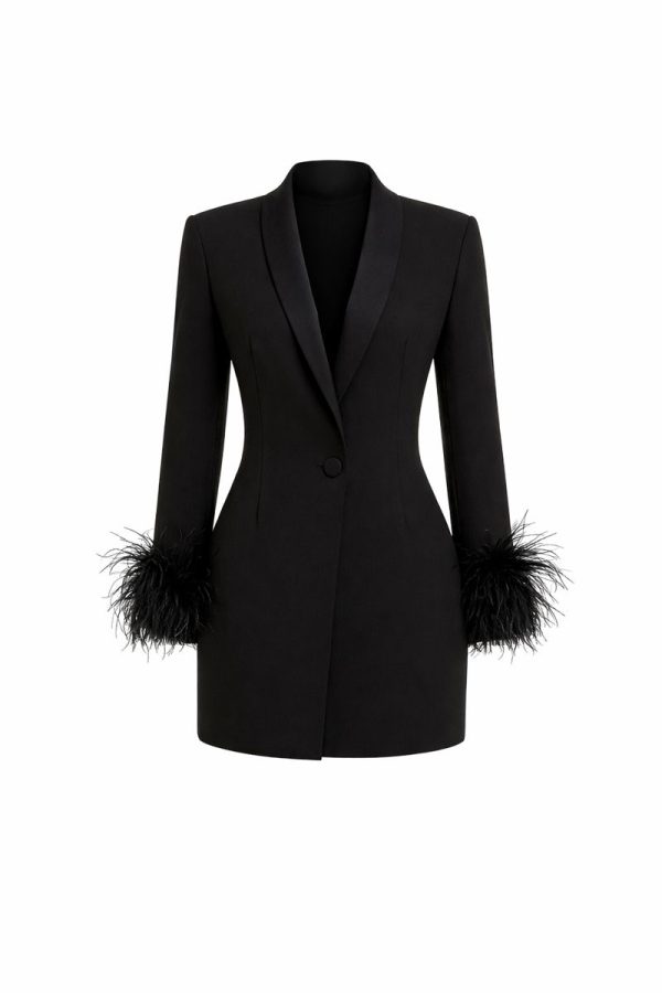 Noir Feather-Cuff Tailored Blazer Dress
